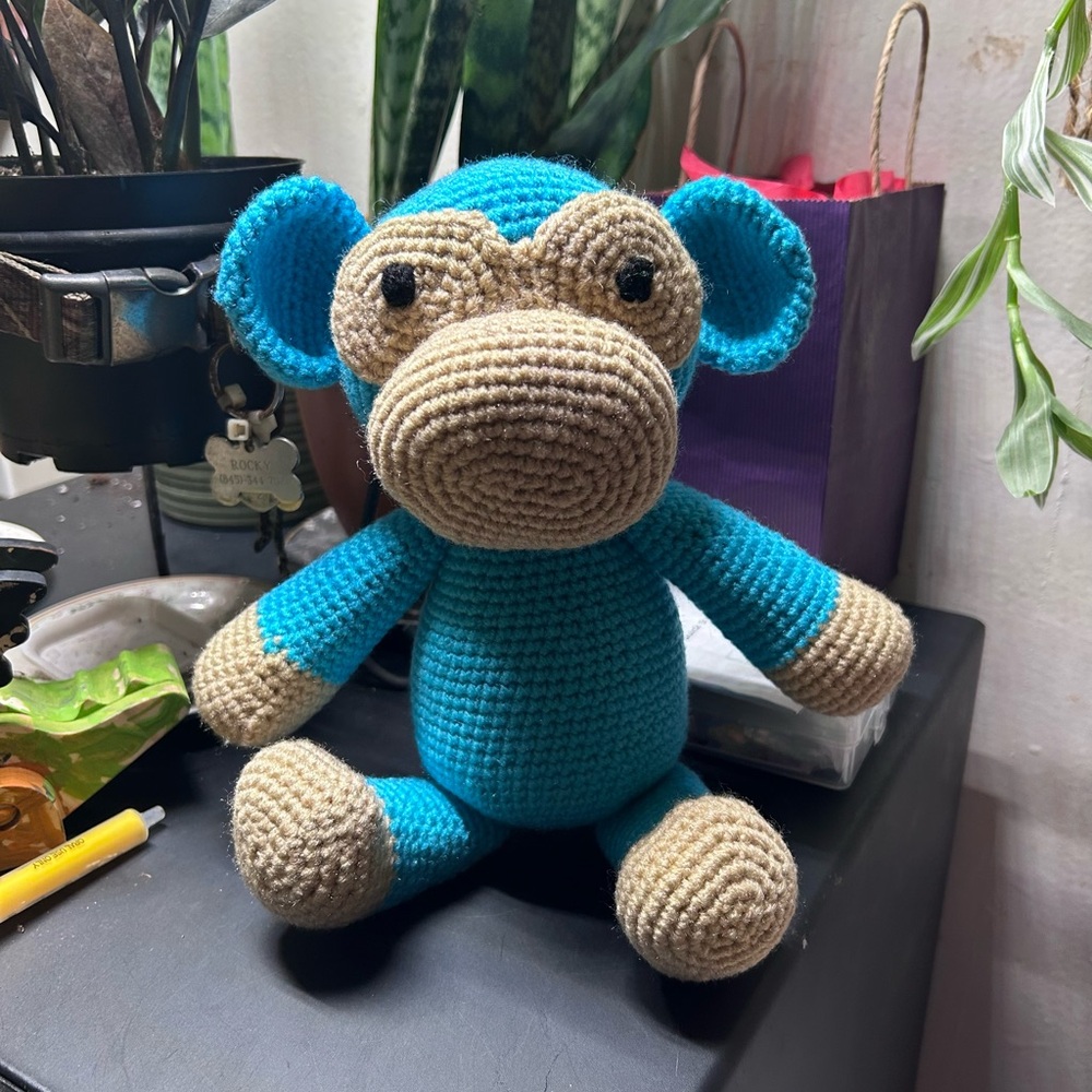 Handmade Blue and Tan Crochet Monkey Toy